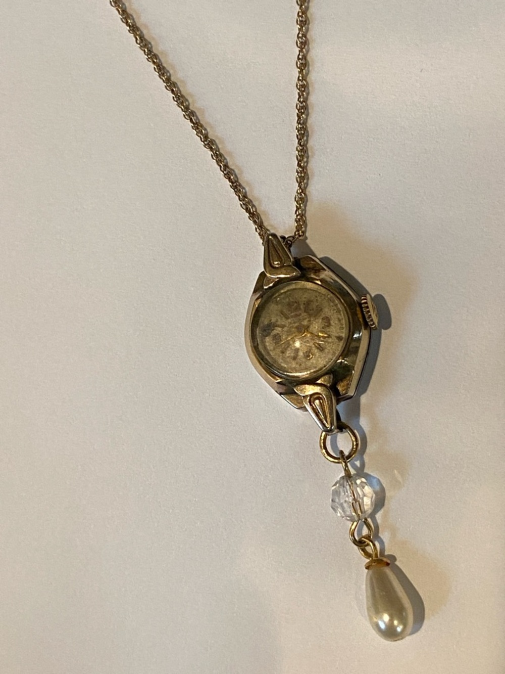 Antique Gold Watch Pendant Necklace with Pearl Drop